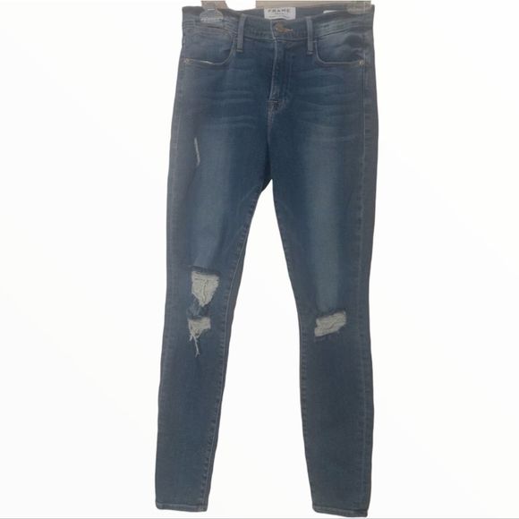 FRAME Denim Le High Skinny Distressed Knees Jeans - Picture 1 of 7